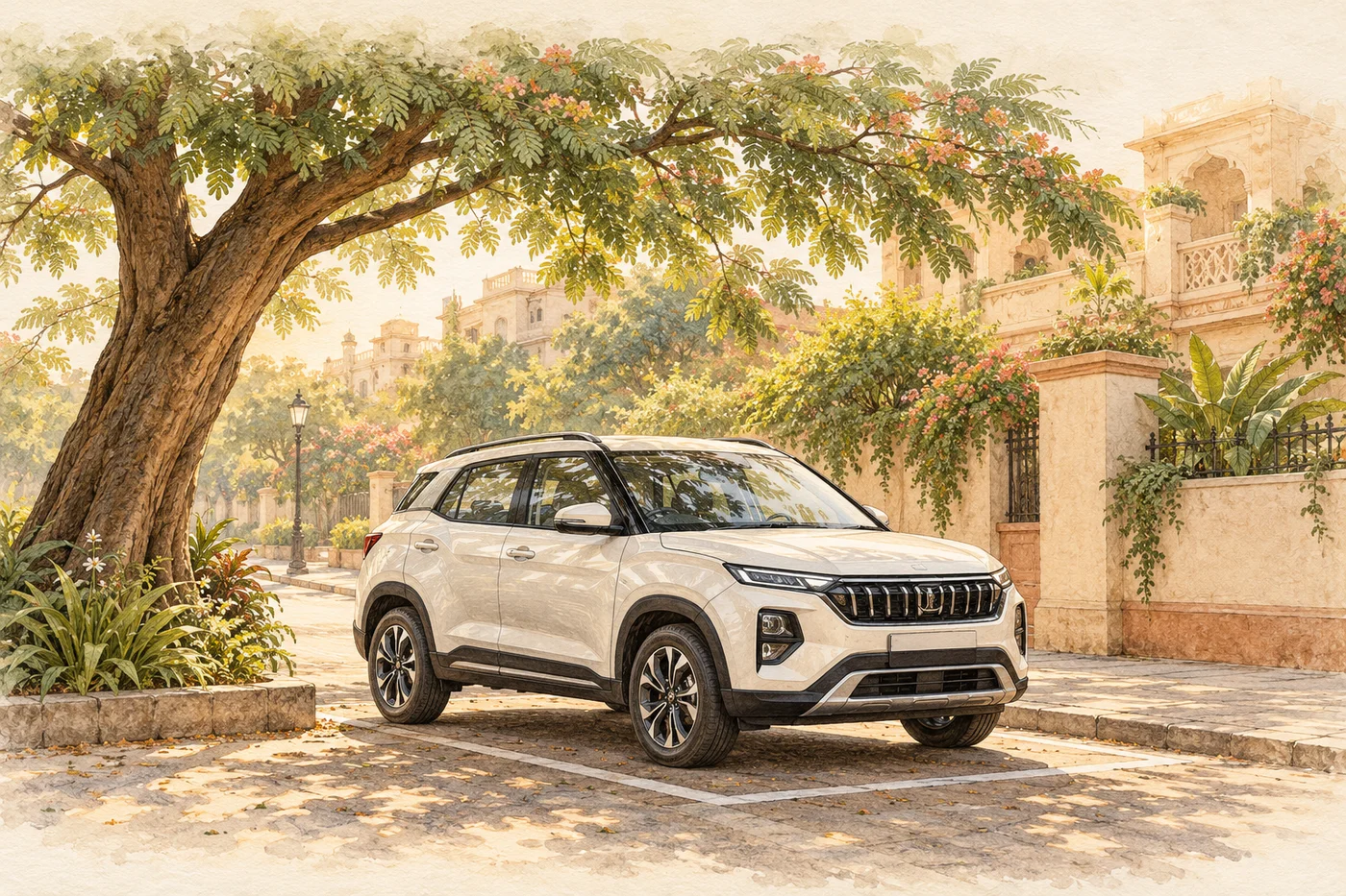 Watercolour illustration of an ivory car parked in the shade of a leafy tree